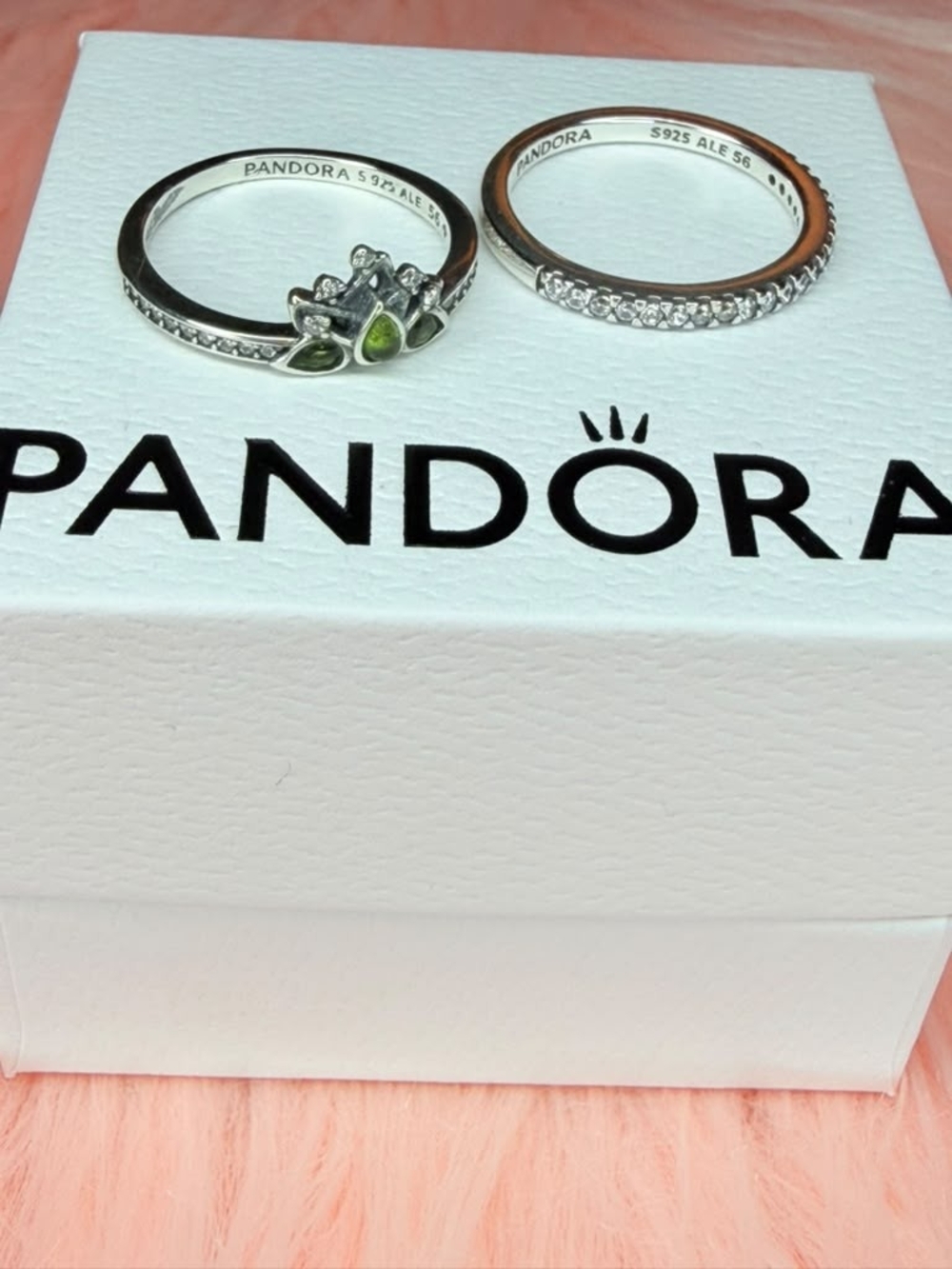 Pandora Sterling Silver Leaf Accent and Pavé Stackable Rings - Green and Silver